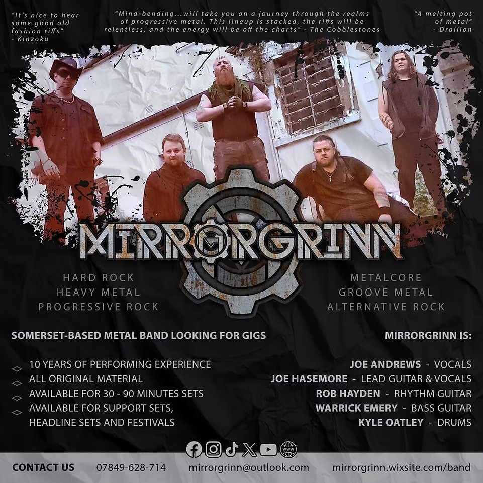 MirrorGrinn press kit — band photo, genres, availability and line-up